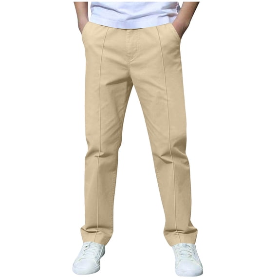 Lenpel Toddler Boys Casual Pants Fall Elastic Waist Straight Leg Pants with Pockets Solid Color Comfy Loose Trousers(Khaki,5-6 Years)