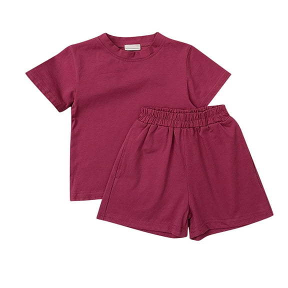 Lenpel Toddler Boys Girls' Summer Outfits Cotton Solid Crew Neck Short Sleeve T Shirts Shorts 2 Pcs Clothing Set