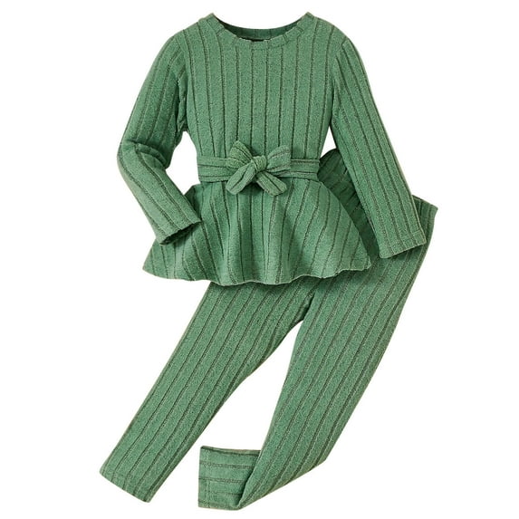Lenpel Toddler Fall Clothes for Girls Soft Warm Long Sleeve Ribbed Knitted Ruffle Shirts Pants 2 Pcs Clothing Set