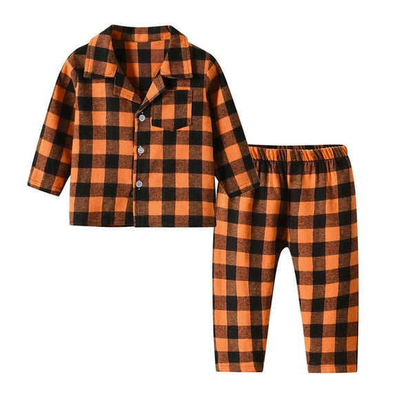 Lenpel Toddler Girls Boys' Pajama Set Plaid Long Sleeve Button down Cotton Sleepwear Pj Bottoms 2 Pcs Clothing Set