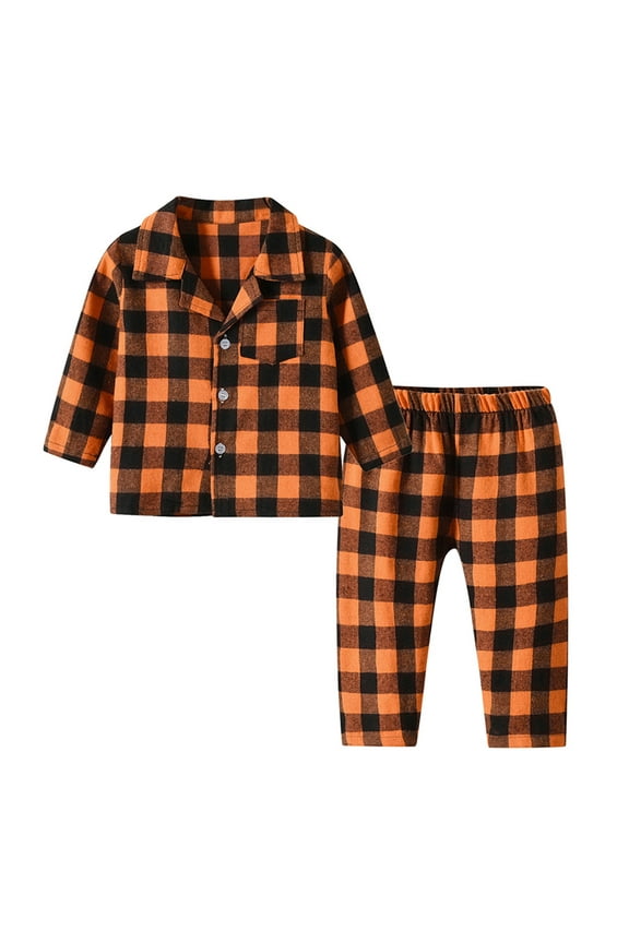 Toddler Girls Boys' Pajama Set Plaid Long Sleeve Button down Cotton Sleepwear Pj Bottoms 2 Pcs Clothing Set