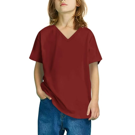 Lenpel Toddler Girls Boys' T-Shirts Unisex Short Sleeve V Neck Solid Color Tunic Tops Casual Loose Tees 3-14 Years