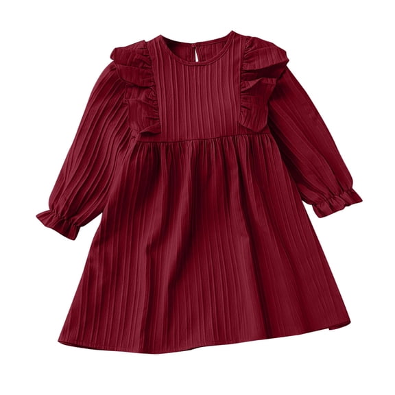 Lenpel Toddler Girls' Cotton Linen Dress Ruffle Long Sleeve Crew Neck Solid Color Textured A-Line Dresses Casual Spring Fall Dress