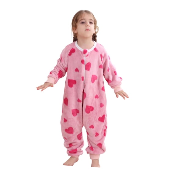 Lenpel Toddler Girls Fleece Onesies Fall Cute Pattern Crew Neck Zip up Romper Pajamas Casual Loose Fit Thermal Warm Bodysuits(Pink,1-2Years)