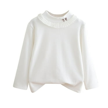 Lenpel Toddler Girls' Long Sleeve Shirts Mock Neck Lace Trim Soft Cotton Basic Tops Fall Winter Clothes