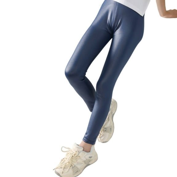 Lenpel Toddler Girls' PU Leather Leggings Fall Winter Fleece Lined High Waisted Full Length Skinny Pants Thick Warm Tights(Navy,8-9 Years)