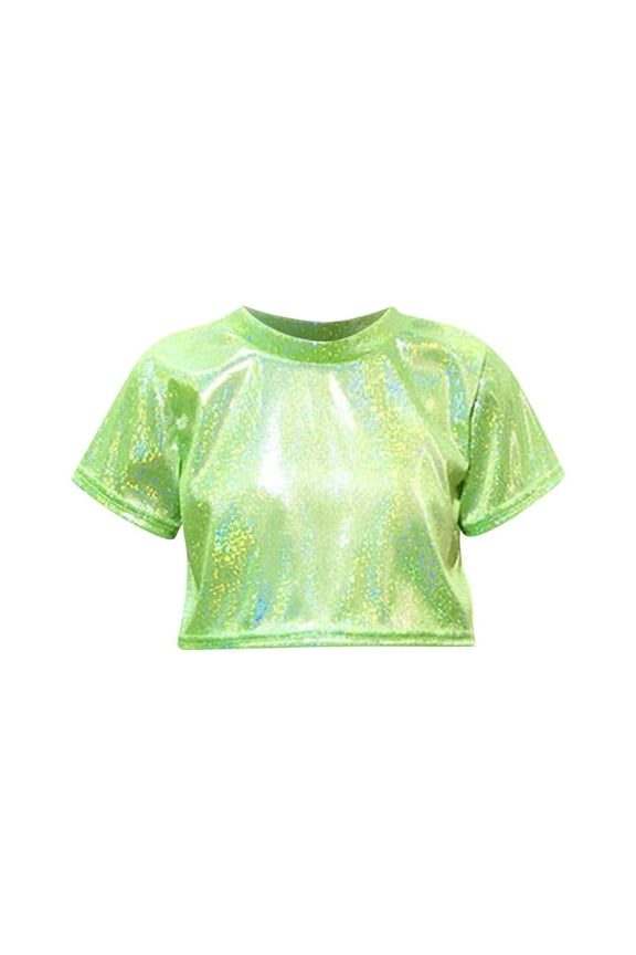 Toddler Girls' Shiny Crop Tops Children Short Sleeve Crew Neck Stretch Sparkly Shirts Dancewear Glitter Tops 3-16 Y
