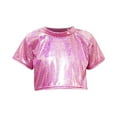 thumbnail image 1 of Lenpel Toddler Girls' Shiny Crop Tops Children Short Sleeve Crew Neck Stretch Sparkly Shirts Dancewear Glitter Tops 3-16 Y, 1 of 2