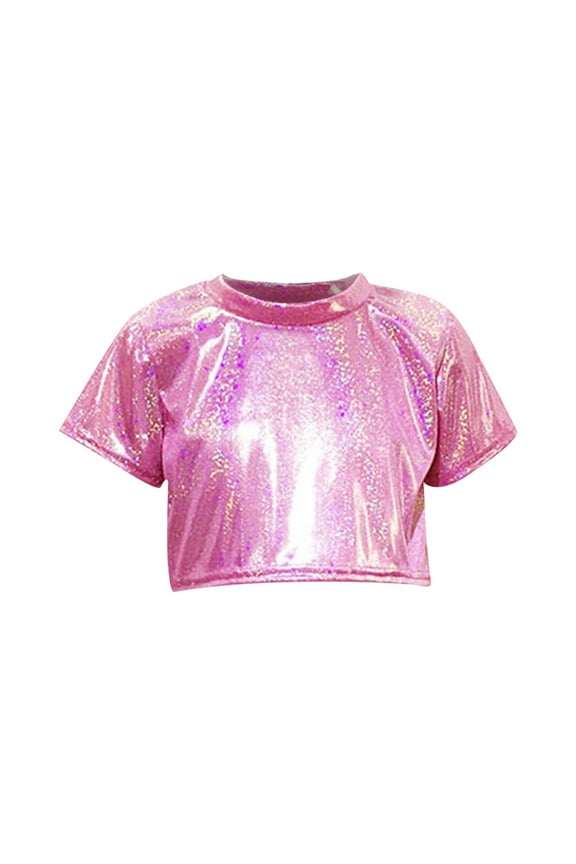 Toddler Girls' Shiny Crop Tops Children Short Sleeve Crew Neck Stretch Sparkly Shirts Dancewear Glitter Tops 3-16 Y