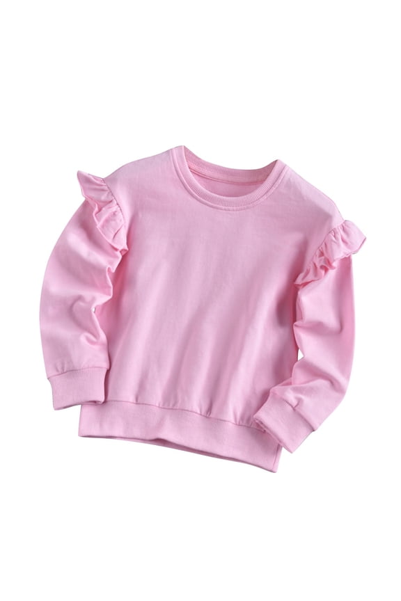 Toddler Girls' Sweatshirts Loose Crew Neck Pullover Ruffle Long Sleeve Shirts Solid Color Casual Tops