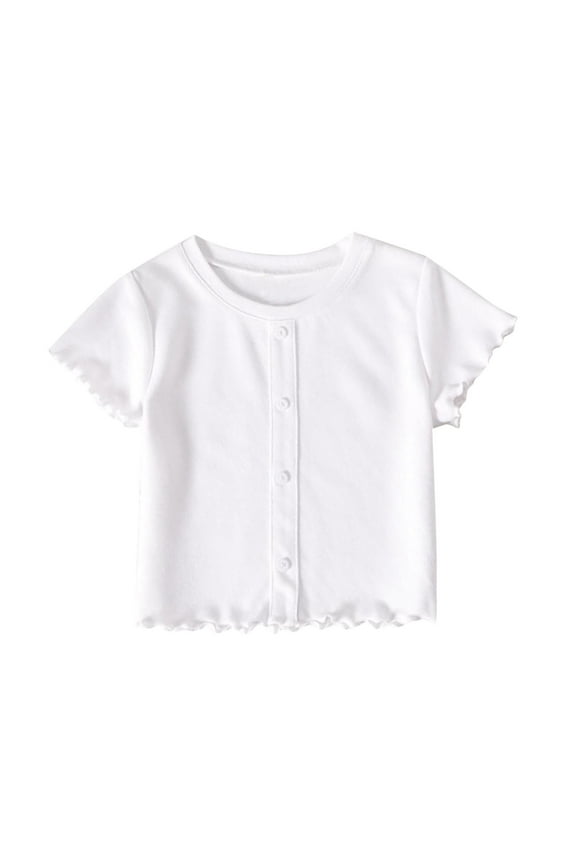Toddler Girls' T-Shirts Ruffle Short Sleeve Crew Neck Button down Solid Color Ribbed Tee Tops Summer Casual Blouses