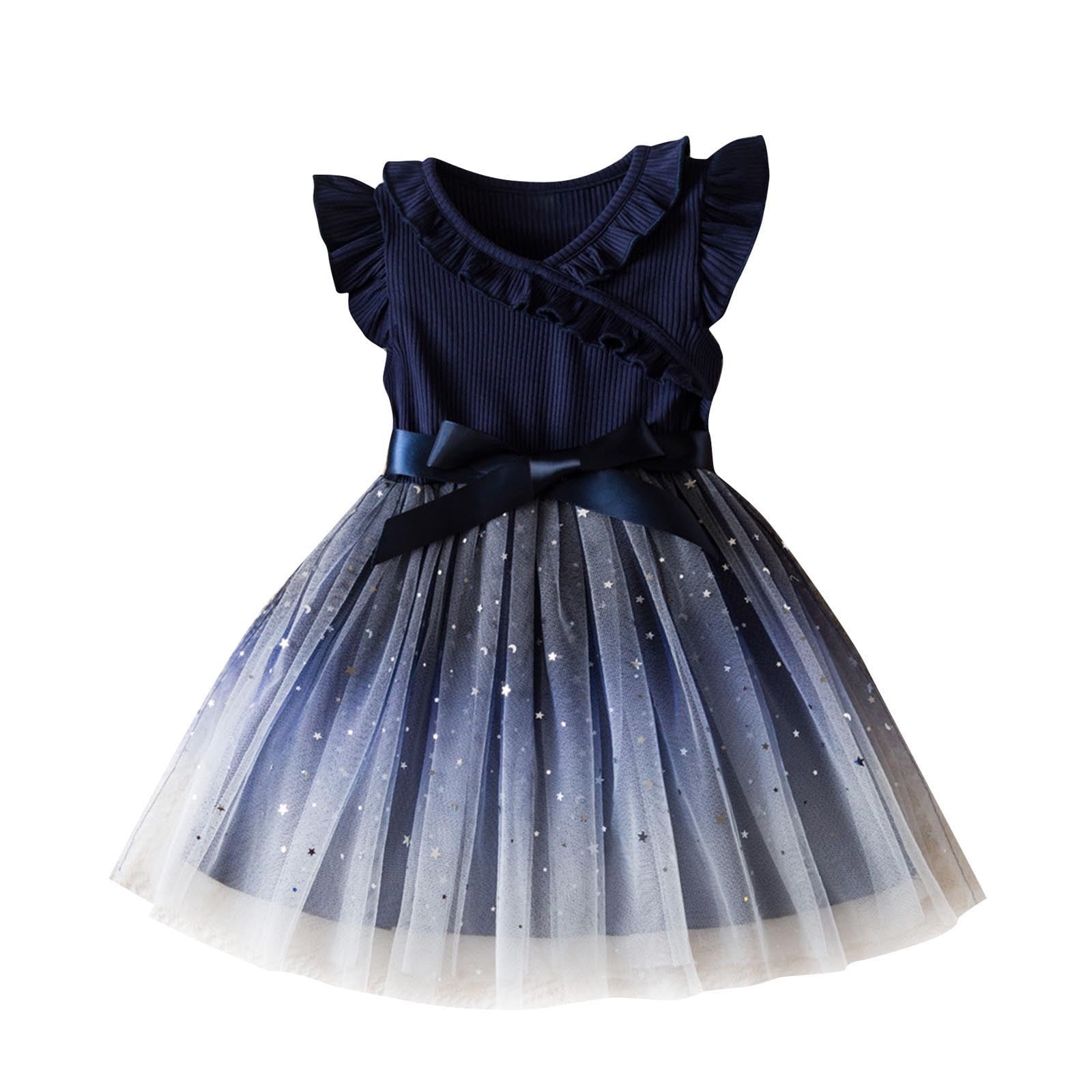 Lenpel Toddler Girls' Tulle Dresses Sequin Ruffle Sleeve V Neck