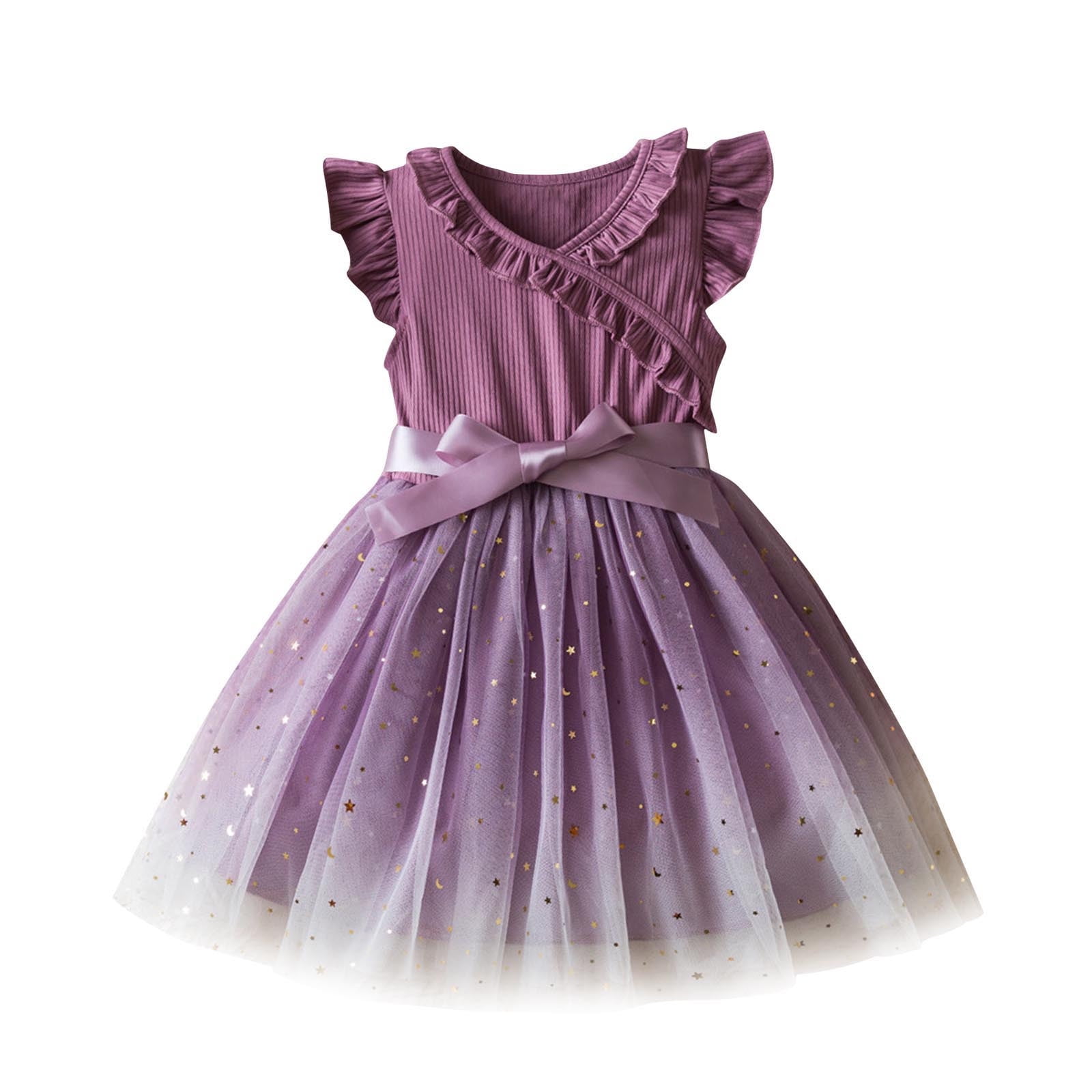 Lenpel Toddler Girls' Tulle Dresses Sequin Ruffle Sleeve V Neck