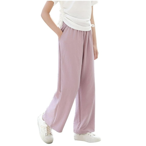 Lenpel Toddler Girls' Wide Leg Pants Solid Color Elastic Waist Loose Lounge Pants Soft Casual Trousers with Pockets