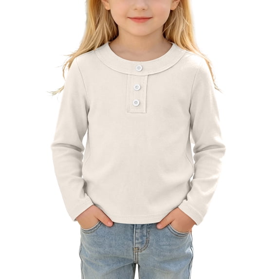 Lenpel Toddler Kids Girls Tops Fall Cute Solid Color Fashion Button Crew Neck Pullover Casual Long Sleeve Blouses(Beige,2-3Years)