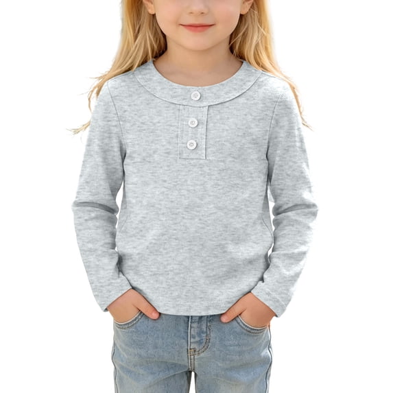 Lenpel Toddler Kids Girls Tops Fall Cute Solid Color Fashion Button Crew Neck Pullover Casual Long Sleeve Blouses(Gray,2-3Years)