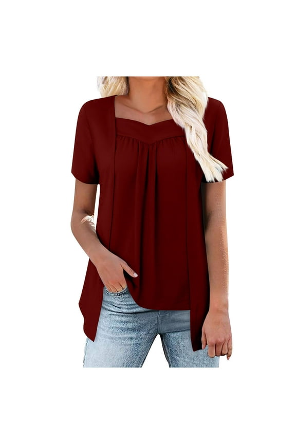 Tops for Women Trendy Short Sleeve Square Neck Pleated 2 in 1 T-Shirts Patchwork Casual Tees Loose Fit Blouses