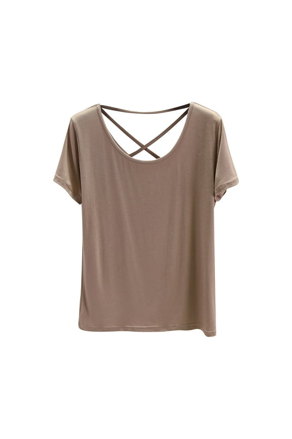 Tops for Women Trendy Short Sleeve V Neck Criss Cross Backless T-Shirts Soft Casual Tees Loose Fashion Blouses