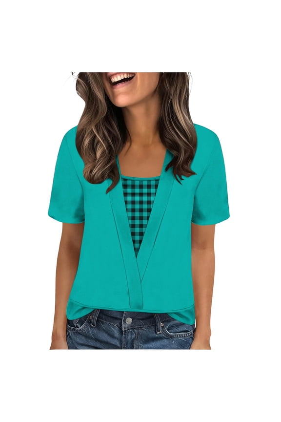 Tops for Women Trendy Short Sleeve V Neck Plaid Patchwork 2 in 1 T-Shirts Casual Tunic Blouses Fashion Tees