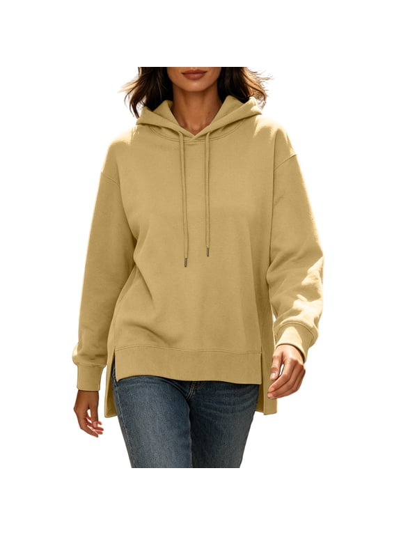 Trendy Drawstring Hooded Sweatshirts for Women Long Sleeve Pullover Tops Side Split High Low Hem Shirts(Khaki,Small)
