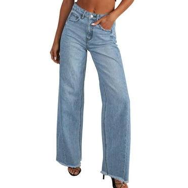 Lenpel Trendy Jeans for Women Wide Leg Denim Pants Baggy Stretch High Waisted Frayed Hem Denim Trousers with Pockets