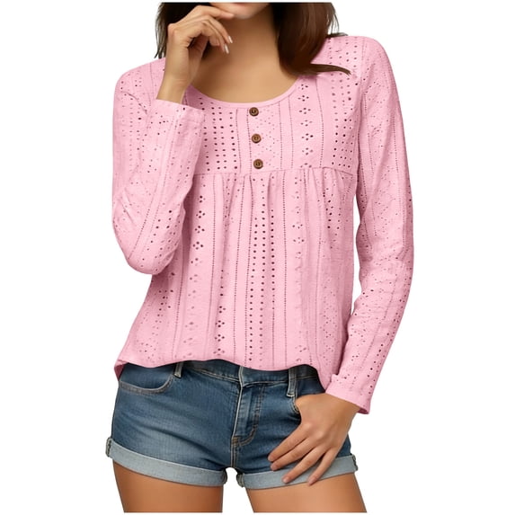 Lenpel Tunic Tops for Women Dressy Casual Long Sleeve Scoop Neck Pleated Curved Hem Eyelet Embroidered T Shirts Loose Tee Blouses(Pink,Medium)