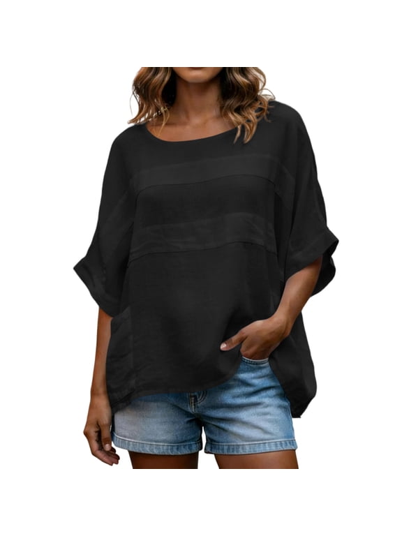 Tunic Tops for Women Half Sleeve Crew Neck Patchwork Curved High Low Hem T-Shirts Loose Fit Blouses Trendy Casual Tees