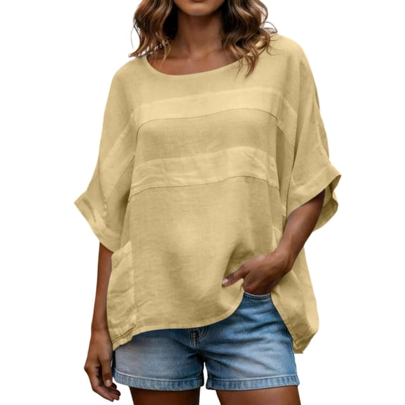 Lenpel Tunic Tops for Women Half Sleeve Crew Neck Patchwork Curved High Low Hem T-Shirts Loose Fit Blouses Trendy Casual Tees