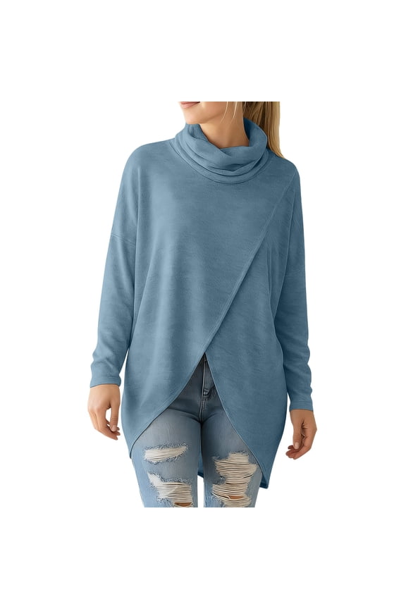 Tunic Tops for Women Long Sleeve Turtleneck Cowl Neck Split Front Asymmetrical Hem T-Shirts Loose Casual Tee Blouses(Blue,Medium)