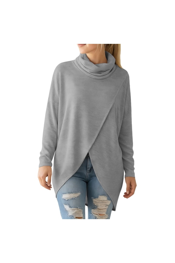 Tunic Tops for Women Long Sleeve Turtleneck Cowl Neck Split Front Asymmetrical Hem T-Shirts Loose Casual Tee Blouses(Gray,3X-Large)