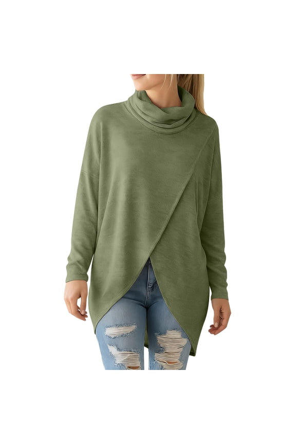 Tunic Tops for Women Long Sleeve Turtleneck Cowl Neck Split Front Asymmetrical Hem T-Shirts Loose Casual Tee Blouses(Green,Medium)