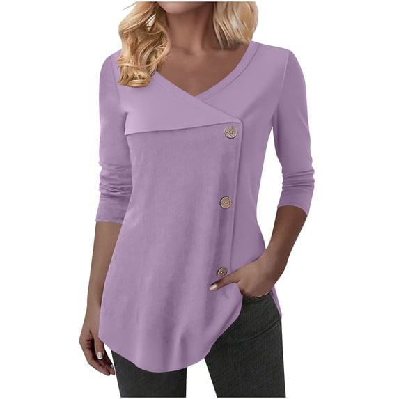 Lenpel Tunic Tops for Women Trendy Long Sleeve Cross V Neck Curved Hem Button down Shirts Loose Fit Casual Blouses(Purple,XX-Large)