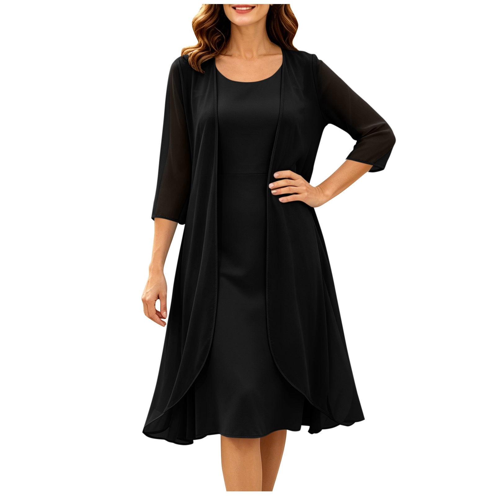 Lenpel Two-Piece Chiffon Dresses for Women Elegant 3/4 Sleeve Cardigan Midi Dresses Wedding Guest Formal Cocktail Clothes