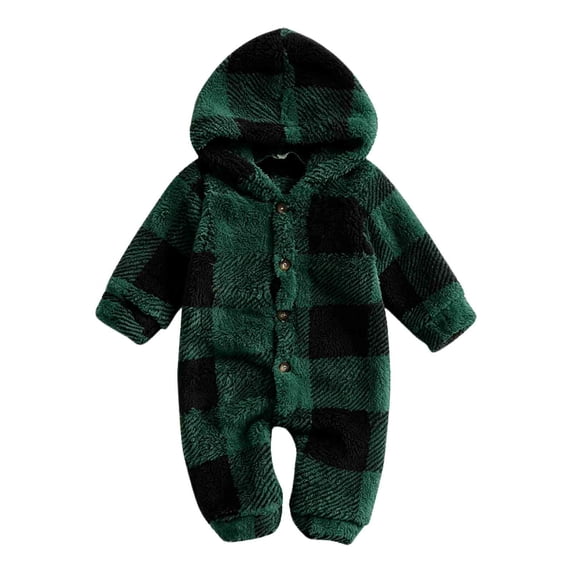 Lenpel Unisex Baby Hooded Jumpsuit Fall Winter Plaid Fleece Long Sleeve Rompers Fashion Button Comfy Warm Newborn Bodysuits(Army Green,0-3Months)