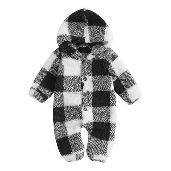 Lenpel Unisex Baby Hooded Jumpsuit Fall Winter Plaid Fleece Long Sleeve Rompers Fashion Button Comfy Warm Newborn Bodysuits(Black,3-6Months)
