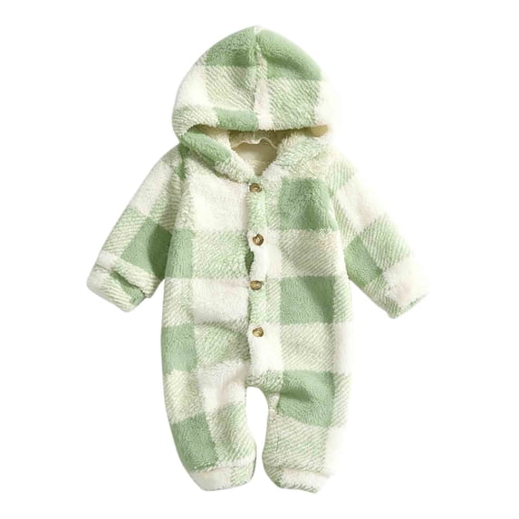 Lenpel Unisex Baby Hooded Jumpsuit Fall Winter Plaid Fleece Long Sleeve Rompers Fashion Button Comfy Warm Newborn Bodysuits(Green,9-12Months)