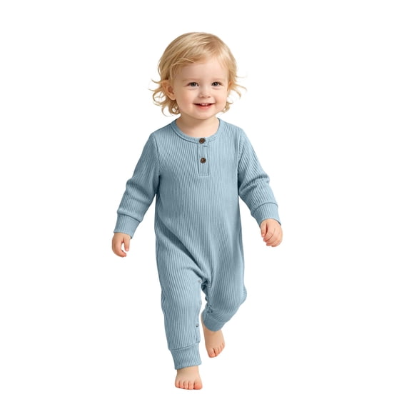 Lenpel Unisex Baby Rompers Trendy Button Crew Neck Knitted Jumpsuits Solid Color Long Sleeve Onesies Fall Clothes(Light Blue,8-12Months)