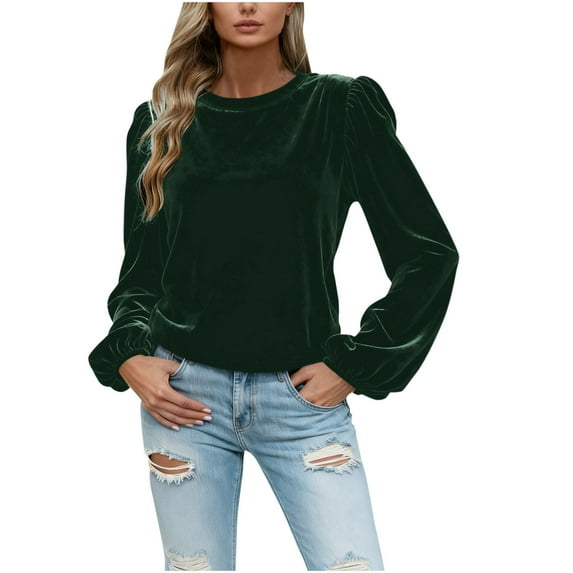Lenpel Velvet Tops for Women Loose Lantern Long Sleeve Crew Neck Pleated Vintage T Shirts Dressy Casual Velour Blouses(Army Green,Small)
