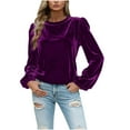 thumbnail image 1 of Lenpel Velvet Tops for Women Loose Lantern Long Sleeve Crew Neck Pleated Vintage T Shirts Dressy Casual Velour Blouses(Purple,X-Large), 1 of 5