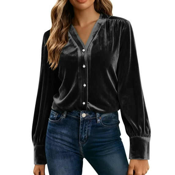 Lenpel Velvet Tops for Women Loose Vintage Long Sleeve V Neck Pleated Button down Shirts Dressy Casual Velour Blouses(Black,X-Large)