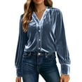 thumbnail image 1 of Lenpel Velvet Tops for Women Loose Vintage Long Sleeve V Neck Pleated Button down Shirts Dressy Casual Velour Blouses(Blue,Small), 1 of 7