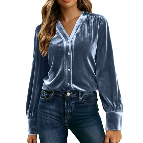 Lenpel Velvet Tops for Women Loose Vintage Long Sleeve V Neck Pleated Button down Shirts Dressy Casual Velour Blouses(Blue,Small)