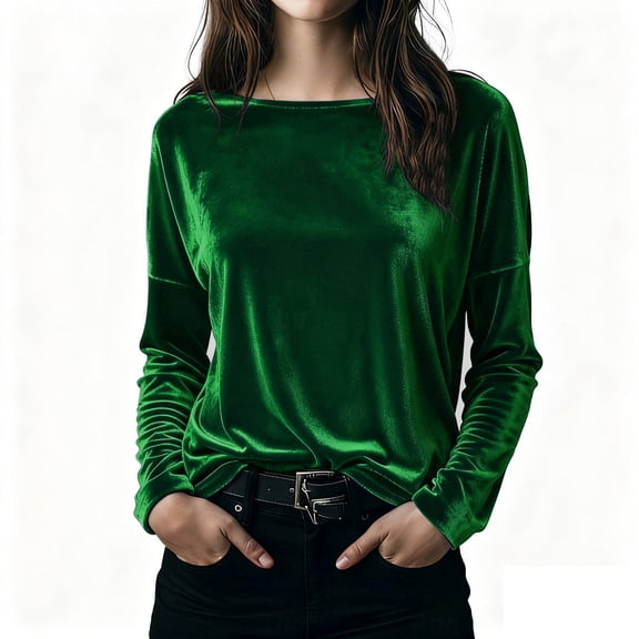 Lenpel Velvet Tops for Women Trendy Long Sleeve Boat Neck Vintage T Shirts Dressy Casual Blouses Loose Velour Tees(Green,Medium)