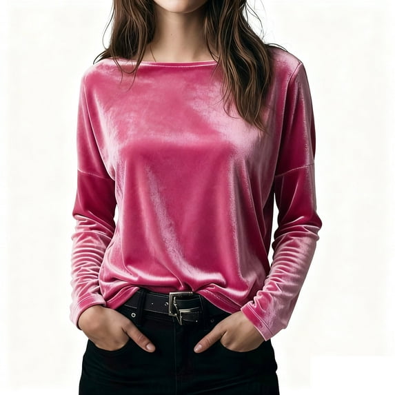 Lenpel Velvet Tops for Women Trendy Long Sleeve Boat Neck Vintage T Shirts Dressy Casual Blouses Loose Velour Tees(Pink,Small)