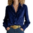 thumbnail image 1 of Lenpel Velvet Tops for Women Vintage Long Sleeve Collared Ruffle Trim Button down Shirts Dressy Casual Velour Blouses(Navy,X-Large), 1 of 6