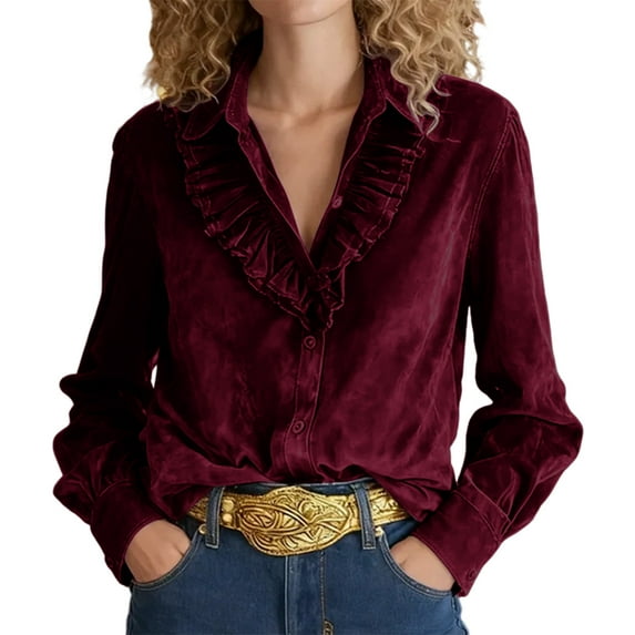 Lenpel Velvet Tops for Women Vintage Long Sleeve Collared Ruffle Trim Button down Shirts Dressy Casual Velour Blouses(Wine,X-Large)