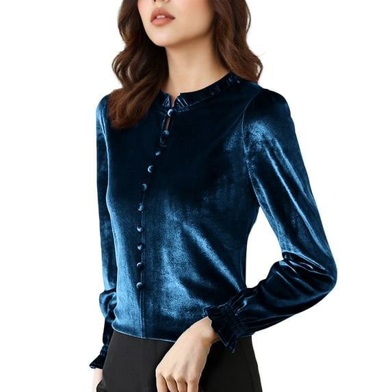 Lenpel Velvet Tops for Women Vintage Mock Neck Ruffle Trim Long Sleeve Shirts Dressy Casual Velour Blouses(Blue,3X-Large)