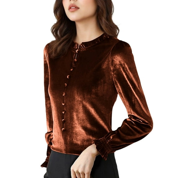 Lenpel Velvet Tops for Women Vintage Mock Neck Ruffle Trim Long Sleeve Shirts Dressy Casual Velour Blouses(Coffee,Large)