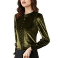 thumbnail image 1 of Lenpel Velvet Tops for Women Vintage Mock Neck Ruffle Trim Long Sleeve Shirts Dressy Casual Velour Blouses(Green,3X-Large), 1 of 7