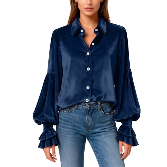 Lenpel Velvet Tops for Women Vintage Ruffle Lantern Long Sleeve Collared Velour Button down Shirts Dressy Casual Tunic Blouses(Navy,X-Large)